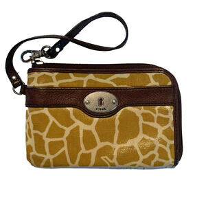Fossil Key Per Coated Canvas Giraffe Yellow Wristlet Wallet Keyhole Logo